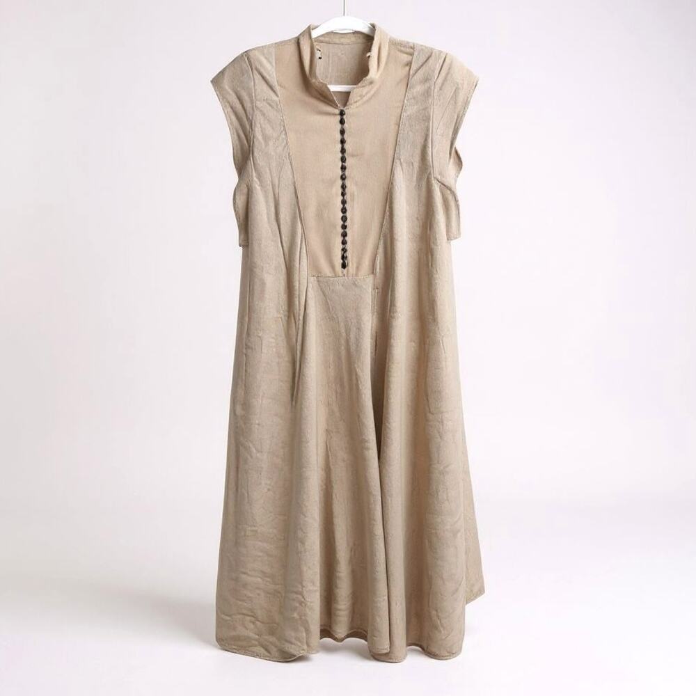 Hallelujah Linen Midi Dress Japan Contrast Bib Button Front Tan A-Line 38